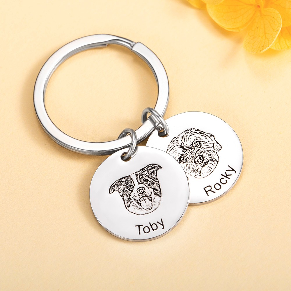 Personalized Dog Cat Keychain with Photo Engraved, Pet Portrait Memorial Keepsake Gift for Pet Loss/Dog Father/Cat Mom