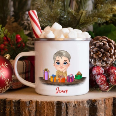 Personalized Christmas Cartoon Character Enamel Mug, Custom Name Hot Chocolate Mug for Kid, Christmas Party Decoration, Christmas Gift for Boy/Girl