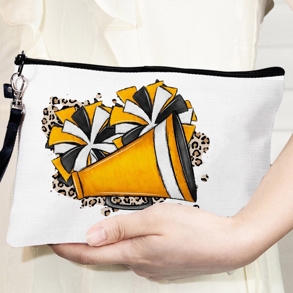Personalized Name Cheerleading Cosmetic Bag, Linen Travel Makeup Pouch with Wrist Strap, Sports Accessory, Sports Gift for Cheerleading Women/Girls