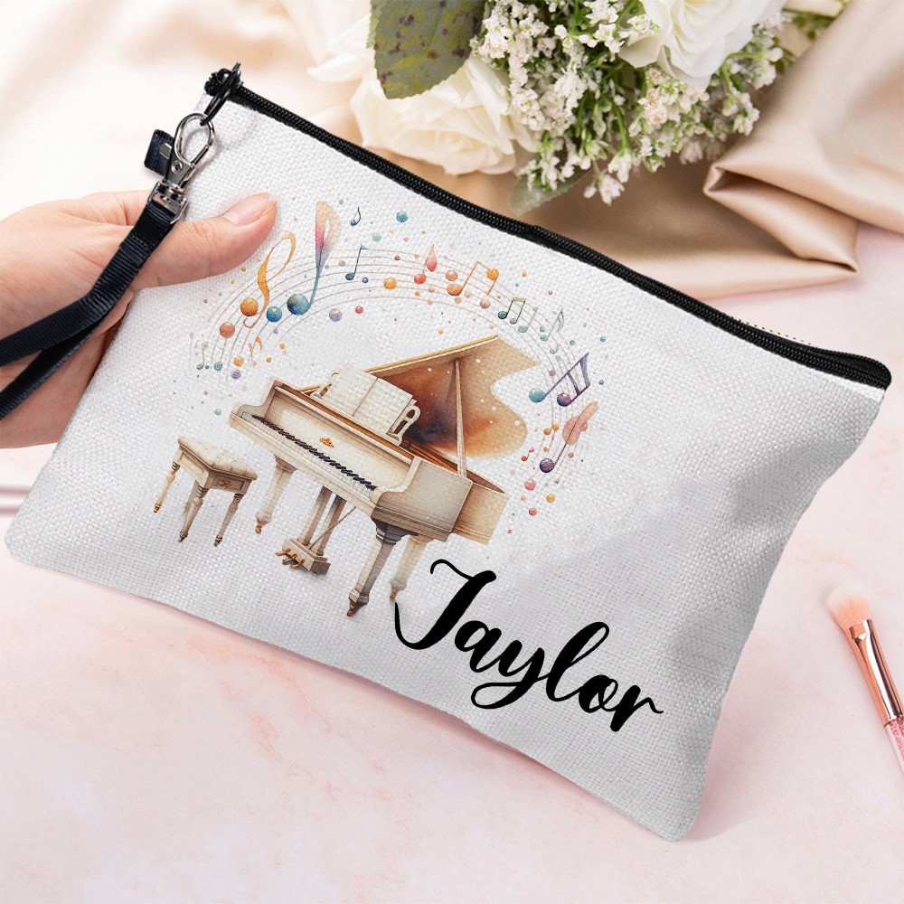 Custom Name Musical Instrument Cosmetic Bag, Linen Makeup Pouch with Wrist Strap, Performer Accessory, Gift for Music Lover/Musician/Pianist/Guitarist
