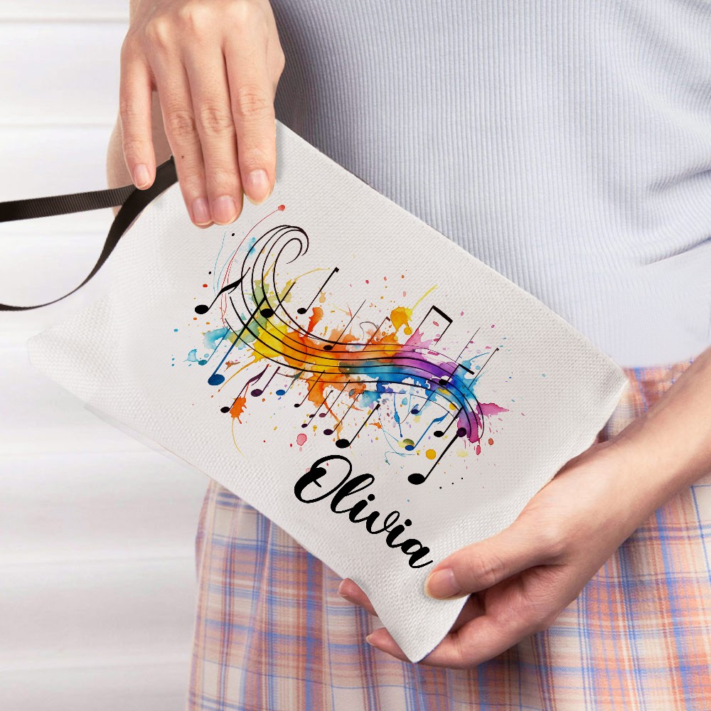 Personalized Name Colorful Music Note Cosmetic Bag, Linen Makeup Pouch with Wrist Strap, Performer Accessory, Gift for Musician/Music Lover/Conductor
