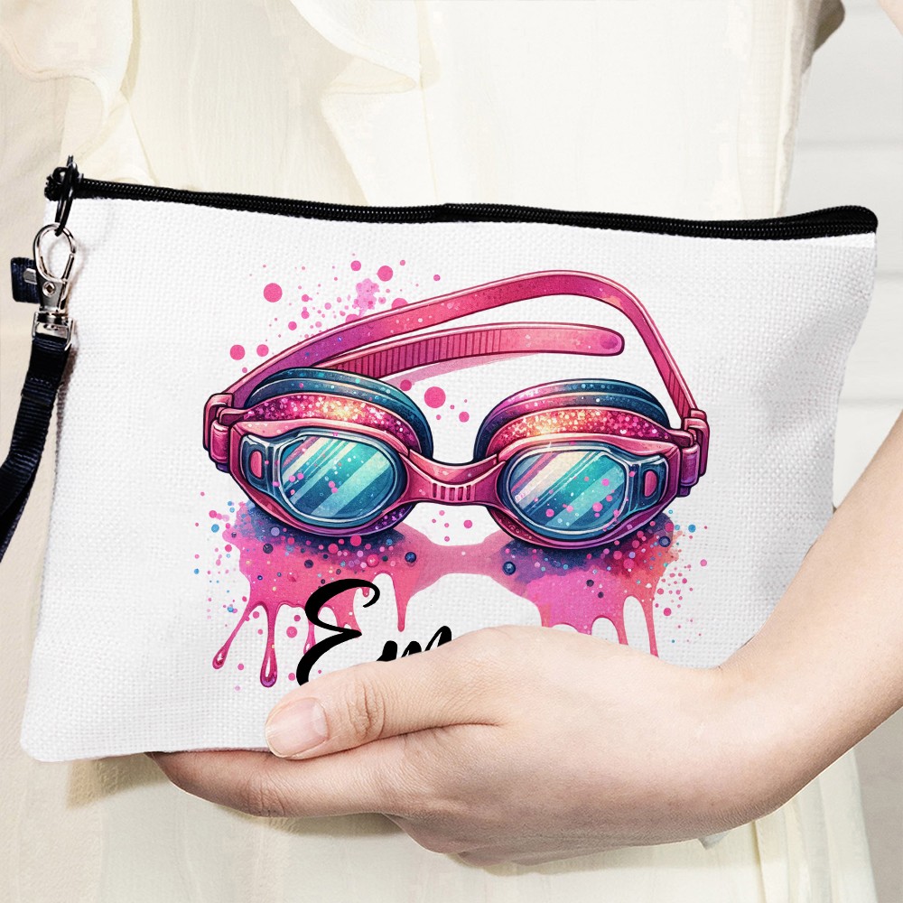 Custom Swimming Makeup Bag, Linen Travel Swimming Goggles Toiletry Pouch with Wrist Strap, Swimming Accessory, Sports Gift for Teammate/Coach/Swimmer