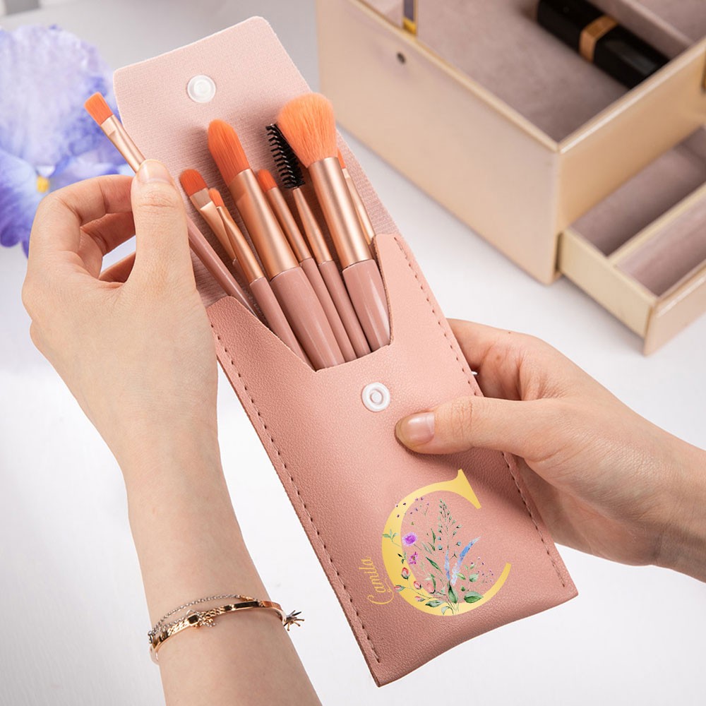 Personalized Leather Makeup Brush Bag with 8 Pcs Brushes, Custom Initial & Name Floral Cosmetic Bag, Birthday/Wedding Gift for Mom/Sister/Friend