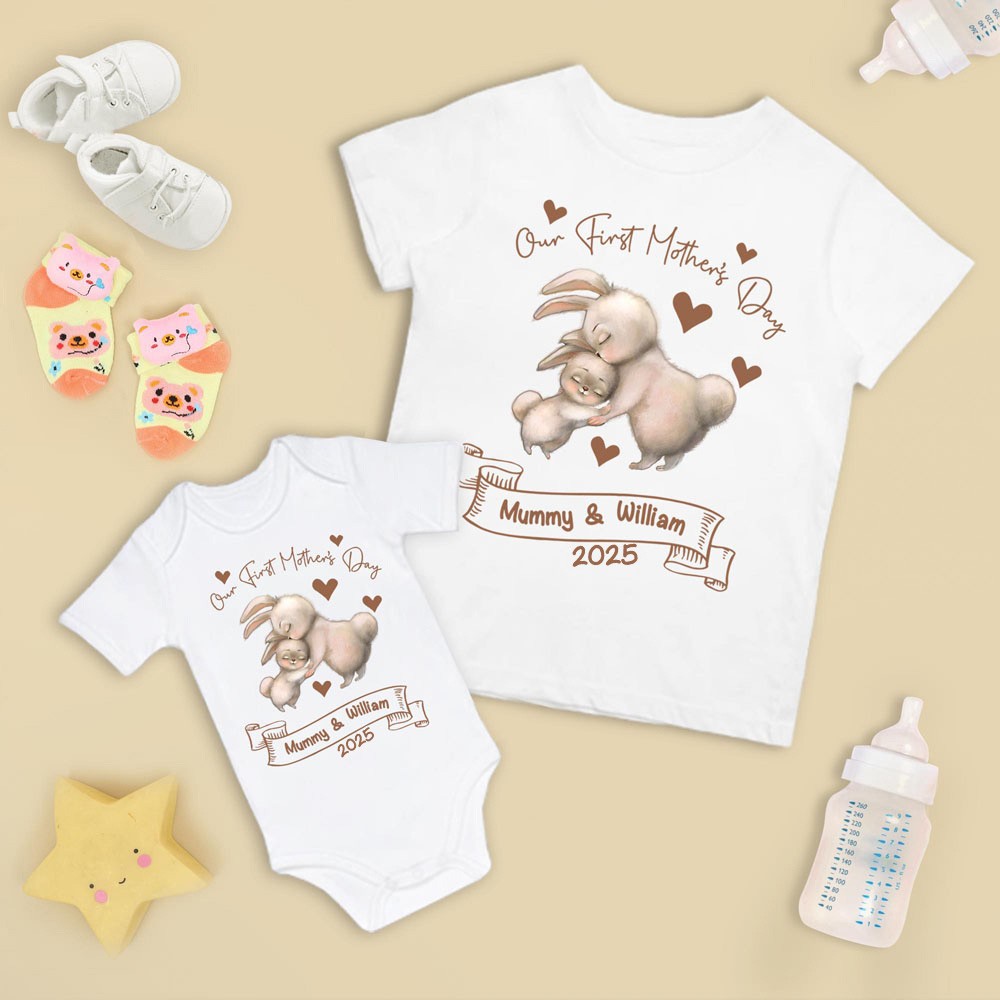 Custom Cute Bear Bunny Giraffe 100% Cotton T-Shirt and Baby Onesie, Our First Mother's Day Mom & Baby Set, First Mother's Day Gift for Newborn New Mom