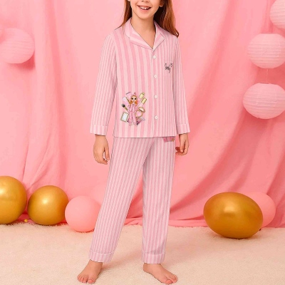 Personalized Makeup Pajamas Girls Pink Striped Pajamas, Customized Cute Long Sleeve Pajamas, Bachelorette Party Gifts, Bridesmaid Gifts