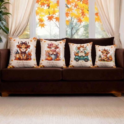 Personalised Name Autumn Highland Cow Pumpkins Soft Throw Pillow, Thanksgiving Pillow with Name, Thanksgiving Gift for Kid Woman, Home Decor