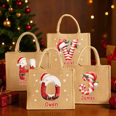 Custom Name Christmas Alphabet Tote Bag, Large Capacity Santa Claus/Candy Cane Design Jute Bag, Holiday Party Favor, Christmas Gift for Kids/Family