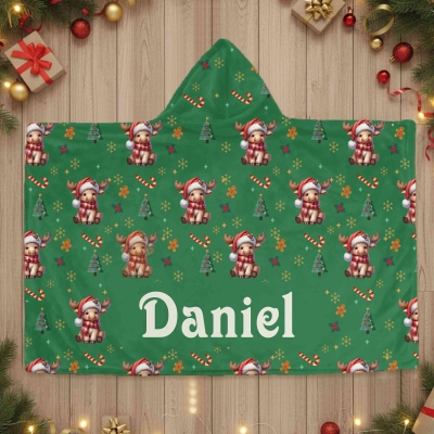 Personalisierte Weihnachts-Cartoon-Tiere, weiche Kapuzendecke mit Namen, mehrfarbige Weihnachts-Kapuzendecke, Weihnachtsgeschenk für Kinder
