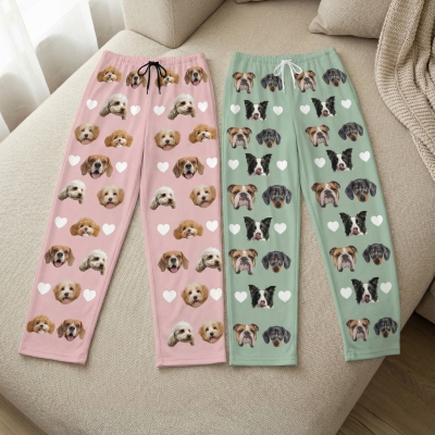 Personalized 1-4 Pet Portraits Heart Pajama Pants, Pet Face Photos Drawstring Lounge Pants, Birthday/Christmas Gift for Pet Lovers/Owners