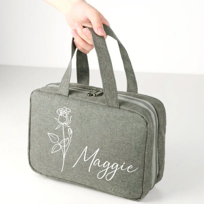 Personalized Name and Birth Flower Cosmetic Travel Bag, Foldable Make up Organizer, Makeup Bag, Hanging Toiletry Bag for Women, Weekender Bag
