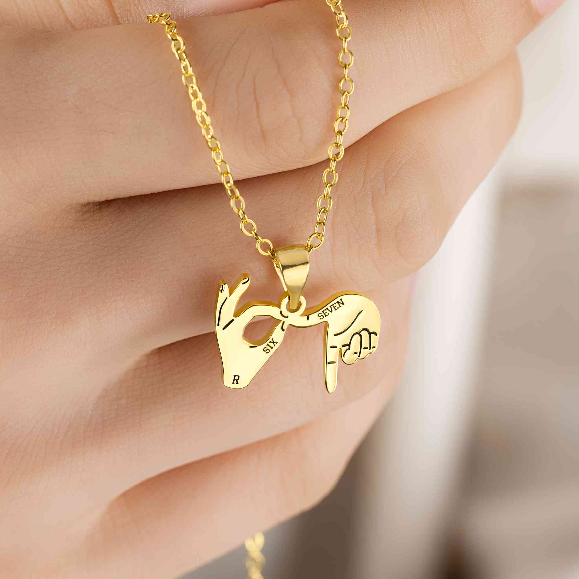 Personalized Six Seven Gesture Enamel Necklace with Name/Initial