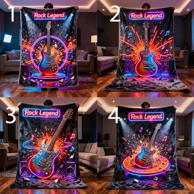 Gepersonaliseerde deken met neon gitaarrockmuziekthema en naam, flanellen/sherpa plaid voor bed of bank, woondecoratie, verjaardagscadeau voor kinderen/muziekliefhebbers