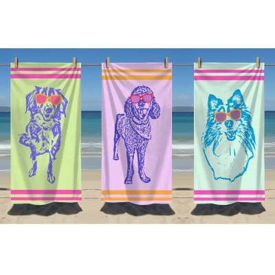 Anpassat strandhandduk med husdjursfoto och solglasögon, färgglad popkonst-snabbtorkande mikrofiberhandduk, semester-/strandfestgåva, present till hund-/kattälskare