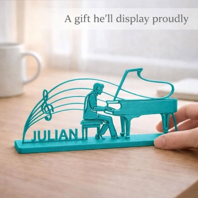 Personlig manlig pianistsilhuettkonstdekor med namn, färgglad pianoprydnad med bas, födelsedags-/årsdagspresent till pianist/musiklärare/honom
