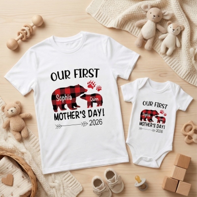Personalized Animals/Pattern T-shirt and Baby Onesie, Our First Mother's Day Mom and Baby Set 100% Cotton, Holiday Party Gift for Newborn New Mom