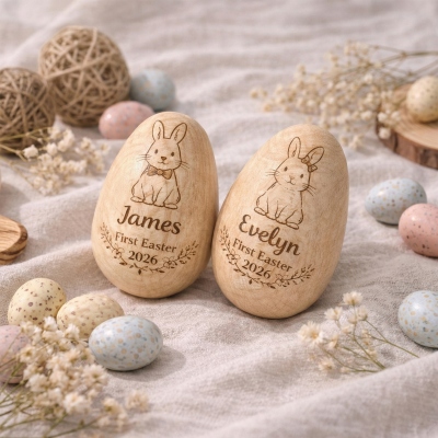 Personalized Engraved First Bunny Easter Egg with Name, Wooden Easter Basket Stuffer, Egg Hunt Favor, Newborn Keepsake, Easter Gift for Kids/Babies
