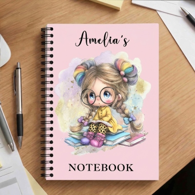 Personalisiertes Notizbuch mit Cartoon-Motiv für ein lesendes Mädchen, Namensgravur, Softcover, liniert, A5-Spiralheft, Geburtstags-/Schulanfangsgeschenk für Kinder/Mädchen/Schülerinnen