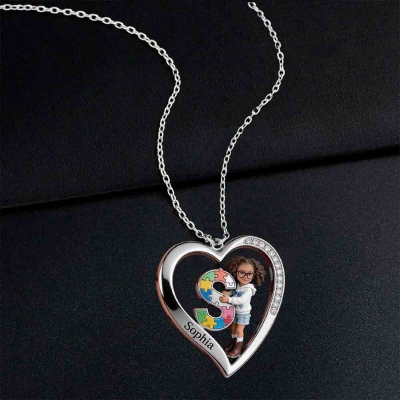 Personalized Photo Autism Awareness Heart Alphabet Necklace, Cartoon Puzzle Portrait Pendant, Anniversary/Birthday Gift for Autism Family/Kids/Parents