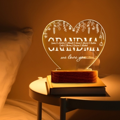 Personalized Family Names Heart Shaped LED Night Light, Acrylic Night Lamp with Wooden Base, Birthday/Mother's Day Gift for Mom/Grandma/Family