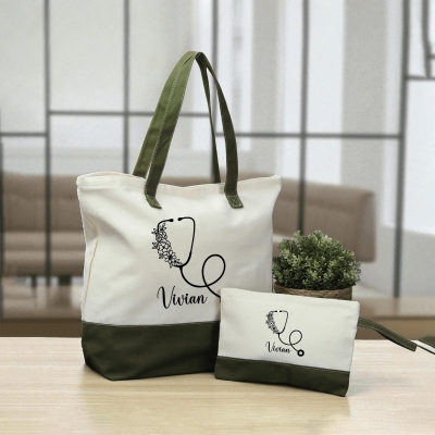 Personalisiertes Stethoskop-Canvas-Taschenset mit Blumenmuster und Namen, mehrfarbige, wiederverwendbare Arbeitstasche &amp; Etui, Geschenk zur Wertschätzung/zum Studienabschluss für Krankenschwestern