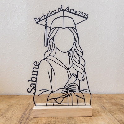 Sculpture de fin d'études personnalisée avec nom, motif linéaire, socle en bois gravé, souvenir minimaliste imprimé en 3D, décoration de bureau, cadeau pour les diplômés