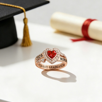 Personalisierter, gravierter Namensring mit Herz-Geburtsstein, Abschlussschmuck für den Jahrgang 2026, Ring für Schul- und Hochschulabsolventen, Geschenk für Absolventen