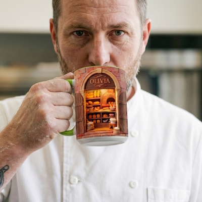 Gepersonaliseerde mini-bakkerijmok met naam, schattige mok met bakkerij-illustratie, tweekleurige keramische koffiemok van 325 ml/440 ml, verjaardagscadeau voor een bakliefhebber.
