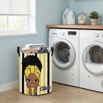 Custom Cute Black Girl Laundry Storage Basket with Name, Large Capacity Collapsible Clothes Hamper with Handles for Bathroom/Nursery, Gift for Girls