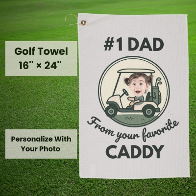 Gepersonaliseerde golfhanddoek met wafelstructuur en foto van een kind, inclusief naam, absorberende sporthanddoek met ophangclip, ideaal verjaardags- of vaderdagcadeau voor golfers/vaders/echtgenoten
