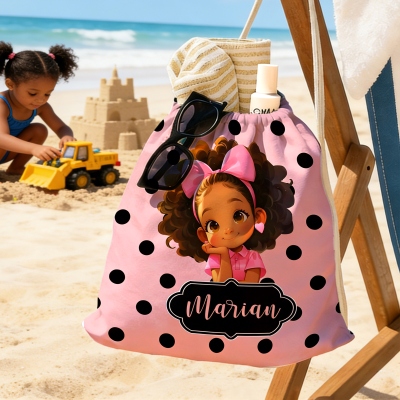 Custom Name Cartoon Black Girl Polka Dots Beach Towel with Rope, Quick Dry 2-in-1 Foldable Bath Towel Bag, Gift for African American Little Girls