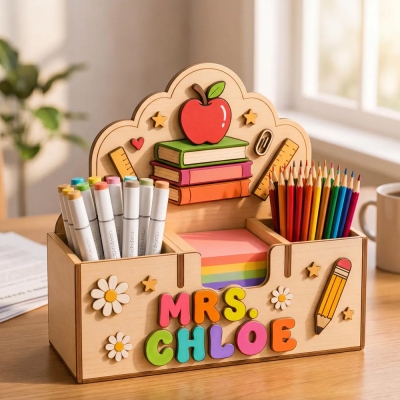 Stylos et porte-notes adhésifs personnalisés avec nom pour enseignants, organiseur de bureau en bois, décoration de salle de classe, cadeau de remerciement/d'anniversaire pour enseignants/éducateurs