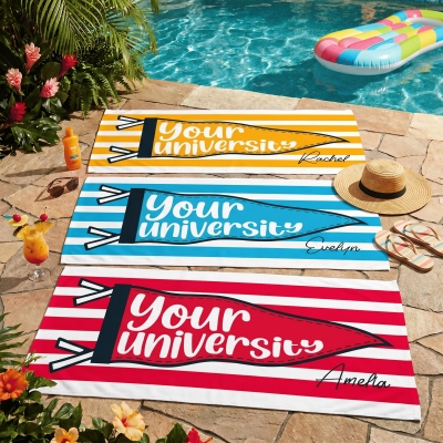 Personalized College Pennant Beach Towel with Name, Quick Dry Microfiber Bath Towel, Graduation Party Favor, Graduation Gift for Family/Friends