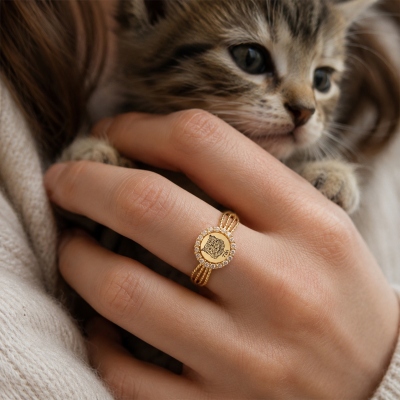 Personlig ring med halsband för husdjursporträtt och namn, sterlingsilver 925, fin ring med skiss av katt/hund, smycken för husdjur, present till husdjursmamma/ägare/kvinnor