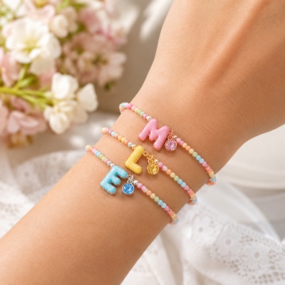 Personalized Macaron Pastel Beaded Stretch Bracelet with Initial & Birthstone, Cute Stackable Dainty Jewelry, Birthday & Holiday Gift for Girls