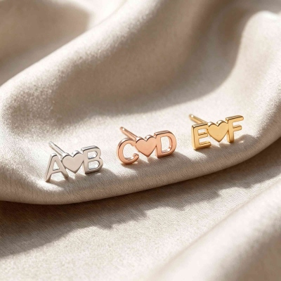Personalized Two Initial Heart Connected Stud Earrings, Sterling Silver 925 Lightweight Monogram Jewelry, Birthday Gift for Couples/Best Friends/Her