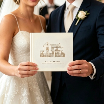 Gastenboek met een schets van de trouwlocatie, inclusief namen en datum. Elegant, met lijntekeningen van de namen van het bruidspaar. Een perfect cadeau voor pasgetrouwden/koppels.
