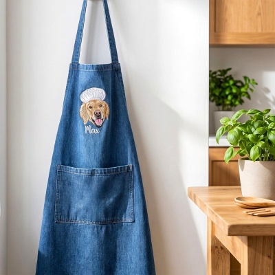 Custom Embroidered Pet Portrait Chef Hat Apron with Name, Unisex Stain-Resistant Cooking Kitchen Apron with Front Pocket, Gift for Pet Owners/Family