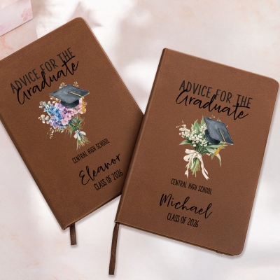 Personalized Graduation Cap Birth Flower Notebook with Name, A5 PU Leather Floral Journal, Birthday/Graduation Gift for Her/Daughter/Family/Friends