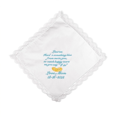 Mouchoir personnalisé en dentelle de mariage brodé en coton avec nom et date, quelque chose de bleu, cadeau de mariage de maman à fille