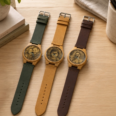 Customized Picture-Embedded Bamboo Wood Watch for Men and Women