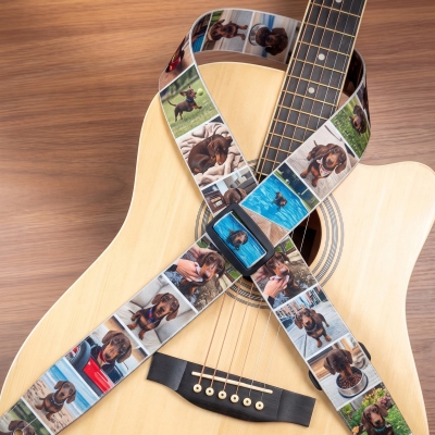 Sangle de guitare personnalisée (1 à 24 photos), toile résistante avec boucle réglable, accessoire de guitare, cadeau d'anniversaire ou de commémoration pour les passionnés de guitare et leurs amis.