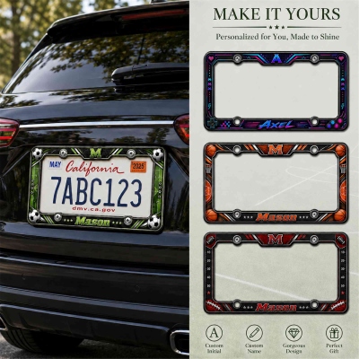 Personalized License Plate Frame with Name & Initial, Multiple Theme Decorative Auto Tag Holder, Car Accessory Gift for Men/Boys/Male Drivers