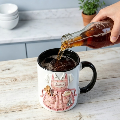 Tasse tablier de cuisine florale 3D personnalisée avec nom, tasse à café/chocolat chaud en céramique avec accessoires réalistes, cadeau pour la fête des mères, maman pâtissière
