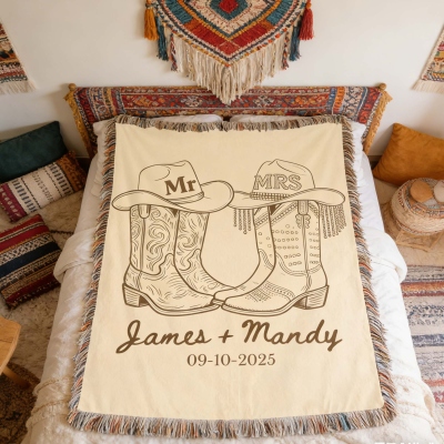 Couverture de mariage personnalisée sur le thème western avec pompons, motif bottes de cowboy « Monsieur et Madame », jeté de lit/canapé, cadeau d'anniversaire/mariage pour les mariées/jeunes mariés