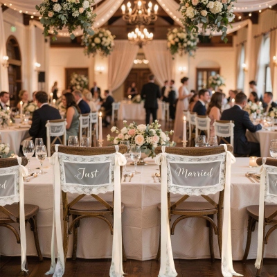 Panneaux de chaise personnalisés en dentelle avec rubans, housses de chaise bohèmes, panneaux en dentelle transparente, décoration de chaise pour mariage en extérieur, cadeau de mariage pour les mariés