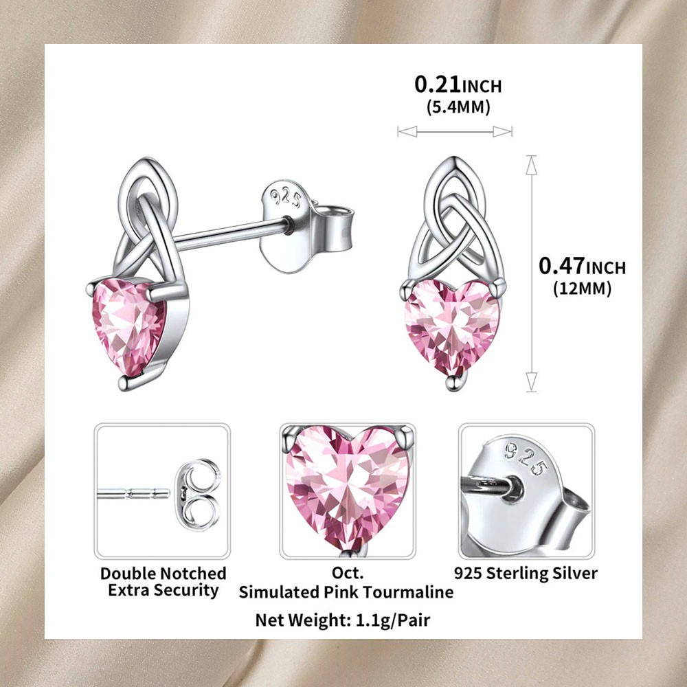 Vintage Celtic Knot Stud Earrings Sterling Silver with Heart Shape Birthstone, Custom Claddagh Earrings for Women Girls, Irish Jewelry Gifts