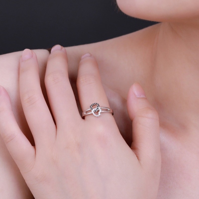 Engraved Double Heart Ring with Birthstone by Sterling Silver