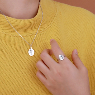 Personalized Birth Flower Necklace & Ring With Engraving