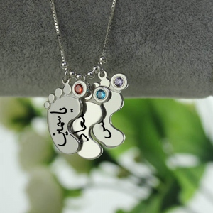 Personalized Mother's Birthstone Necklace with 3 Baby Feet