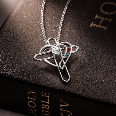 Personalized Heart & Cross Birthstone Necklace